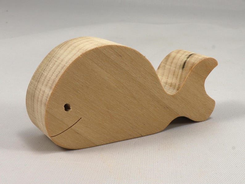 Handmade unfinished wooden whale toy cutout, chunky freestanding and stackable, sanded smooth and ready to paint, natural wood blank for kids craft and ocean theme play.