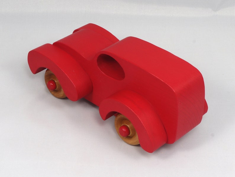 Wood Toy Truck Fat Fendered Panel Wagon Handmade And  Painted With Bright Red Acrylic Paint With Wheels Hand Finished With Nonmarring Amber Shellac From My Fat Fendered Collection