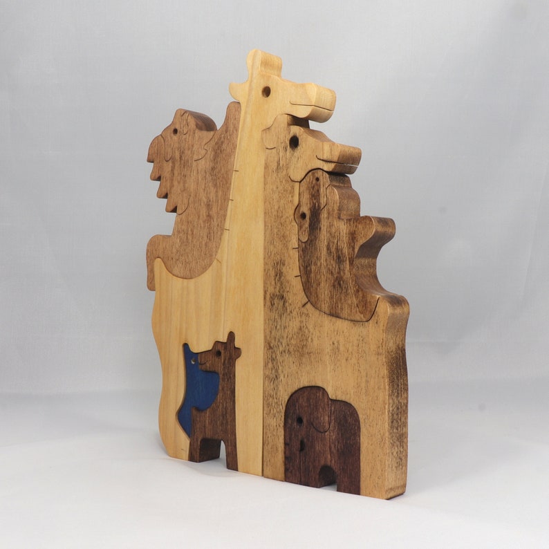 Safari Animal Puzzle, Handmade From Premium Hardwood Wood and Hand Finished, Free Standing, Standalone, and Stackable