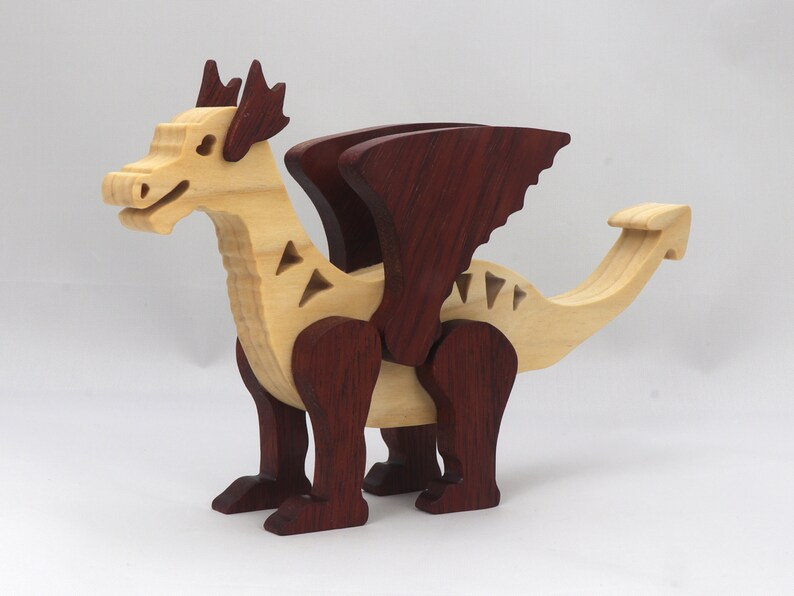 Handmade Wood Dragon Fantasy Animal Figurine Made From Select Grade Contrasting Hardwoods And Finished With A Custom Blend Of Oils and Waxes