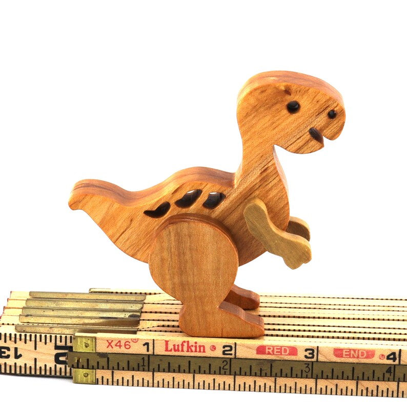 A wooden baby dinosaur figurine handmade and finished from select-grade hardwoods. It is an excellent toy for kids of any age. It is one of several dinosaurs in my collection.