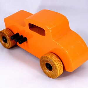 Handmade Wood Toy Car, Hot Rod '32 Deuce Coupe, Painted High Gloss Pumpkin Orange and trimmed with Black Acrylic Paint and Nonmaring Amber Shellac Finished Wheels