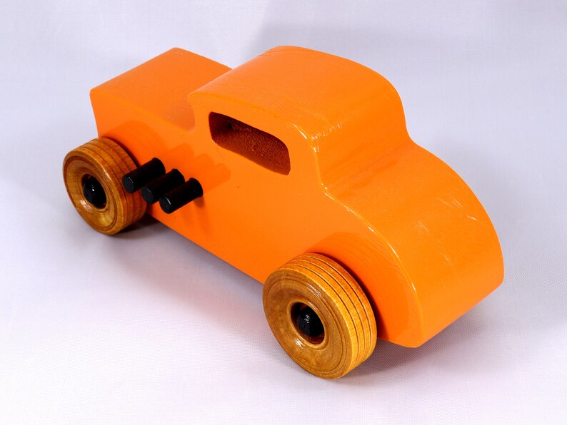 Handmade Wood Toy Car, Hot Rod '32 Deuce Coupe, Painted High Gloss Pumpkin Orange and trimmed with Black Acrylic Paint and Nonmaring Amber Shellac Finished Wheels