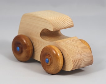 Wooden Toy Car: Shellac Finish, Sapphire Blue Trim