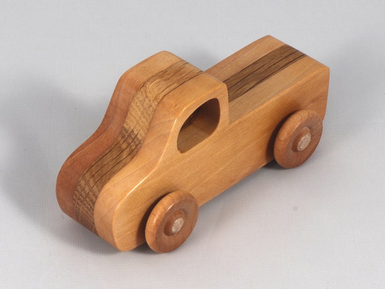 Handmade wooden toy pickup truck handmade from oak, poplar, and birch hardwoods with a satin polyurethane finish from my Play Pal Collection.