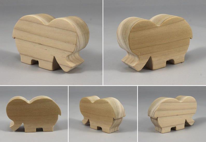 This is an unfinished wooden Elephant cutout from solid wood using traditional woodworking techniques. Sanded smooth and ready to paint, stain, or customize. Freestanding design for small hands, toddlers, young children, crafters, collectors, and display. I take custom orders for any animal, quantity, and mix — including large ornament orders. Mix and match, request a different size, or send a drawing or pattern. Handmade by Odin's Toy Factory in Tallahassee, Florida, USA.