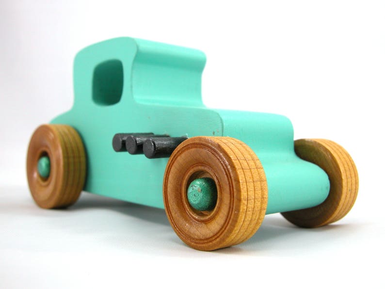 Handmade Wood Toy Car Hot Rod 1927 T-Coupe Painted with Turquoise,  Metallic Emerald Green, And Black Acrylic Paint With Wheels Finished With Nonmaring Amber Shellac Wheels