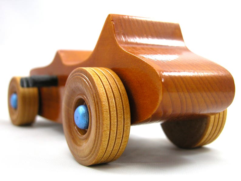 Handmade Wood Toy Car Hot Rod 1927 T-Bucket Amber Shellac Finish With Metallic Sapphire Blue and Black Trim