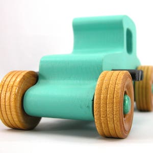 Handmade Wood Toy Car Hot Rod 1927 T-Coupe Painted with Turquoise,  Metallic Emerald Green, And Black Acrylic Paint With Wheels Finished With Nonmaring Amber Shellac Wheels