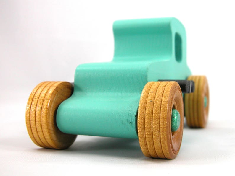 Handmade Wood Toy Car Hot Rod 1927 T-Coupe Painted with Turquoise,  Metallic Emerald Green, And Black Acrylic Paint With Wheels Finished With Nonmaring Amber Shellac Wheels