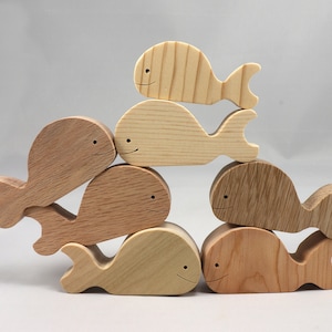 Handmade unfinished wooden whale toy cutout, chunky freestanding and stackable, sanded smooth and ready to paint, natural wood blank for kids craft and ocean theme play.
