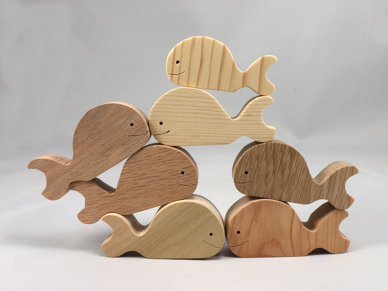 Handmade unfinished wooden whale toy cutout, chunky freestanding and stackable, sanded smooth and ready to paint, natural wood blank for kids craft and ocean theme play.
