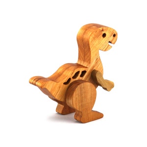 A wooden baby dinosaur figurine handmade and finished from select-grade hardwoods. It is an excellent toy for kids of any age. It is one of several dinosaurs in my collection.