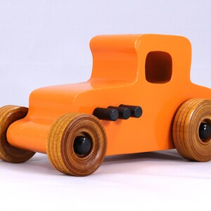 Handmade Wood Toy Car Hot Rod '27 T-Coupe Finished with Pumpkin Orange and Black Acrylic Paint and Amber Shellac