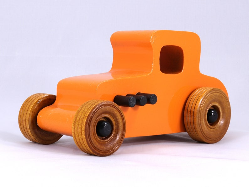 Handmade Wood Toy Car Hot Rod '27 T-Coupe Finished with Pumpkin Orange and Black Acrylic Paint and Amber Shellac