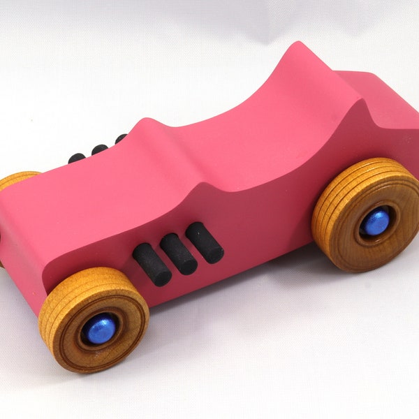 Wood Toy Car Hot Rod 1927 T-Bucket Handmade and Painted with Pink, Metallic Sapphire Blue, and Black Acrylic Paint, Race Car - Made To Order