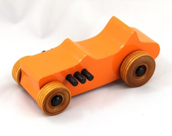 Wooden Toy Car Hot Rod 1927 T-Bucket Handmade and Finished In Orange and Black With Nonmaring Amber Shellac Wheels - Made To Order