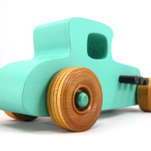 Handmade Wood Toy Car Hot Rod 1927 T-Coupe Painted with Turquoise,  Metallic Emerald Green, And Black Acrylic Paint With Wheels Finished With Nonmaring Amber Shellac Wheels