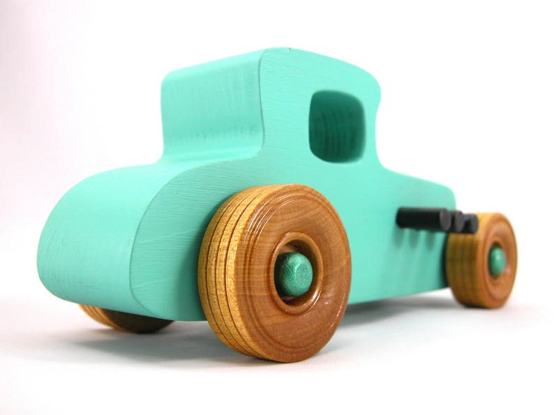 Handmade Wood Toy Car Hot Rod 1927 T-Coupe Painted with Turquoise,  Metallic Emerald Green, And Black Acrylic Paint With Wheels Finished With Nonmaring Amber Shellac Wheels