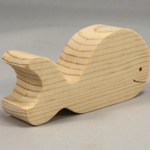 Handmade unfinished wooden whale toy cutout, chunky freestanding and stackable, sanded smooth and ready to paint, natural wood blank for kids craft and ocean theme play.