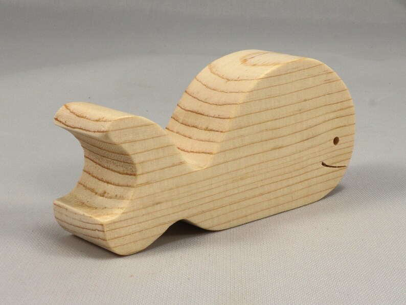 Handmade unfinished wooden whale toy cutout, chunky freestanding and stackable, sanded smooth and ready to paint, natural wood blank for kids craft and ocean theme play.