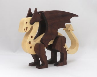 Handmade Wooden Dragon Figurine: Mythical Fantasy Creature