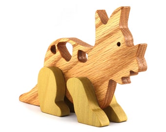 Wood Toy Dinosaur, Triceratops, Handmade Wooden Toy Animal Made from Select Hardwoods and Finished with Mineral Oil and Beeswax