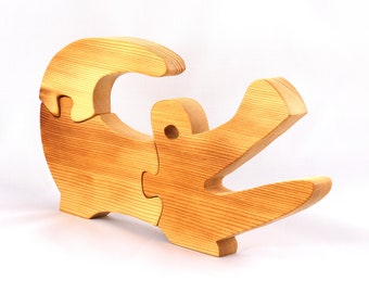 Wooden Alligator Puzzle For Younger Kids 10 Inches Long Handmade, Smoothly Finished Simple Three-Piece Puzzle Freestanding - Made To Order