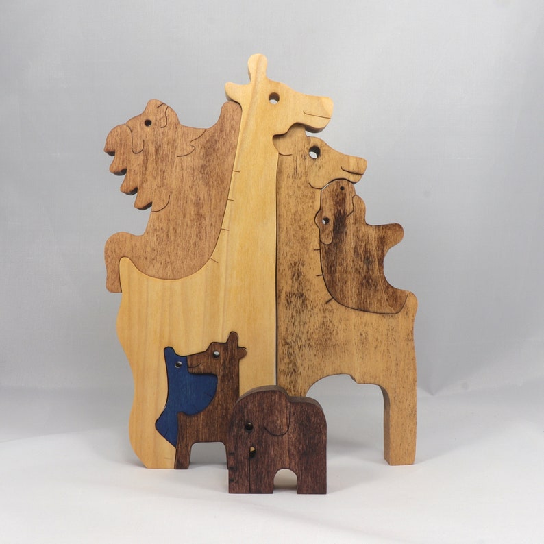 Safari Animal Puzzle, Handmade From Premium Hardwood Wood and Hand Finished, Free Standing, Standalone, and Stackable