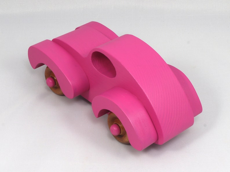 Wood Toy Car Handmade And Finished With Hot Pink Acrylic Paint and Amber Shellac From My Fat Fendered Ford Collection