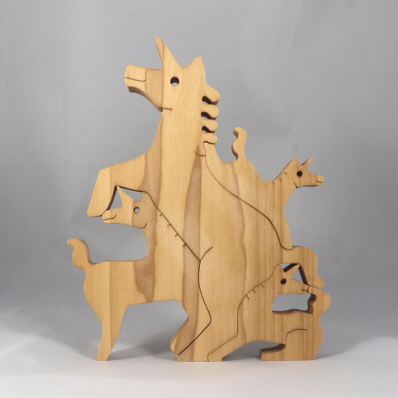 Wood Puzzle, Unicorn Family, Mom, and Babies, Handmade and Finished Freestanding Stackable Toy Fantasy Animal