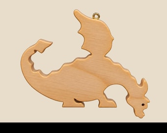 Wooden Dragon Christmas Ornament, Peeking Fantasy Dragon, Made In The USA