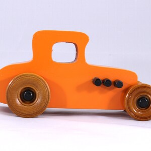 Handmade Wood Toy Car Hot Rod '27 T-Coupe Finished with Pumpkin Orange and Black Acrylic Paint and Amber Shellac