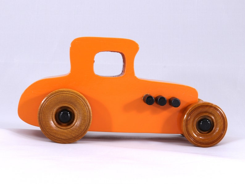 Handmade Wood Toy Car Hot Rod '27 T-Coupe Finished with Pumpkin Orange and Black Acrylic Paint and Amber Shellac