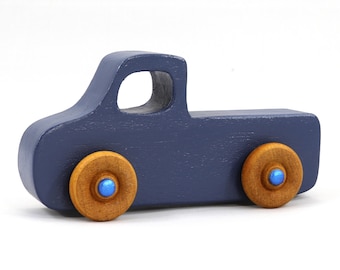 Handmade Wooden Toy Pickup Truck: Military Blue