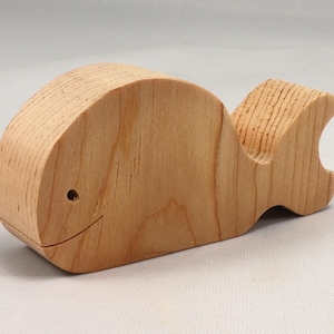 Handmade unfinished wooden whale toy cutout, chunky freestanding and stackable, sanded smooth and ready to paint, natural wood blank for kids craft and ocean theme play.