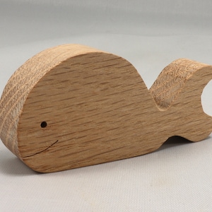 Handmade unfinished wooden whale toy cutout, chunky freestanding and stackable, sanded smooth and ready to paint, natural wood blank for kids craft and ocean theme play.