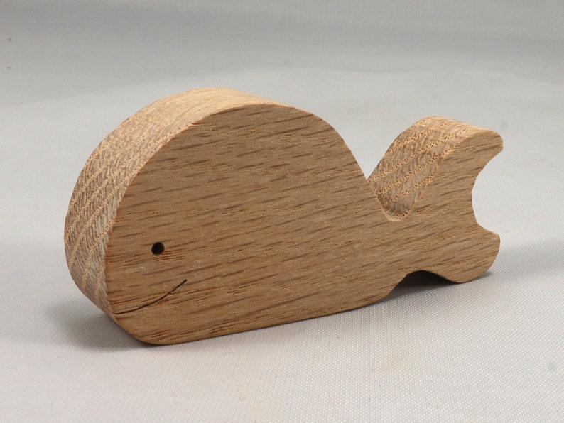 Handmade unfinished wooden whale toy cutout, chunky freestanding and stackable, sanded smooth and ready to paint, natural wood blank for kids craft and ocean theme play.