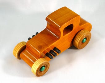 Wood Toy Car, Hot Rod '27 T-Coupe, Handmade and Painted with Amber Shellac, Black and Metallic Emerald Green Acrylic Paint