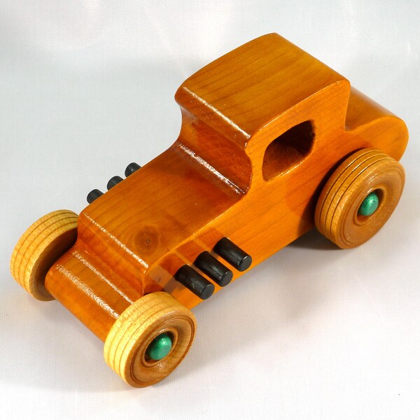 Wood Toy Car, Hot Rod '27 T-Coupe, Handmade and Painted with Amber Shellac, Black and Metallic Emerald Green Acrylic Paint
