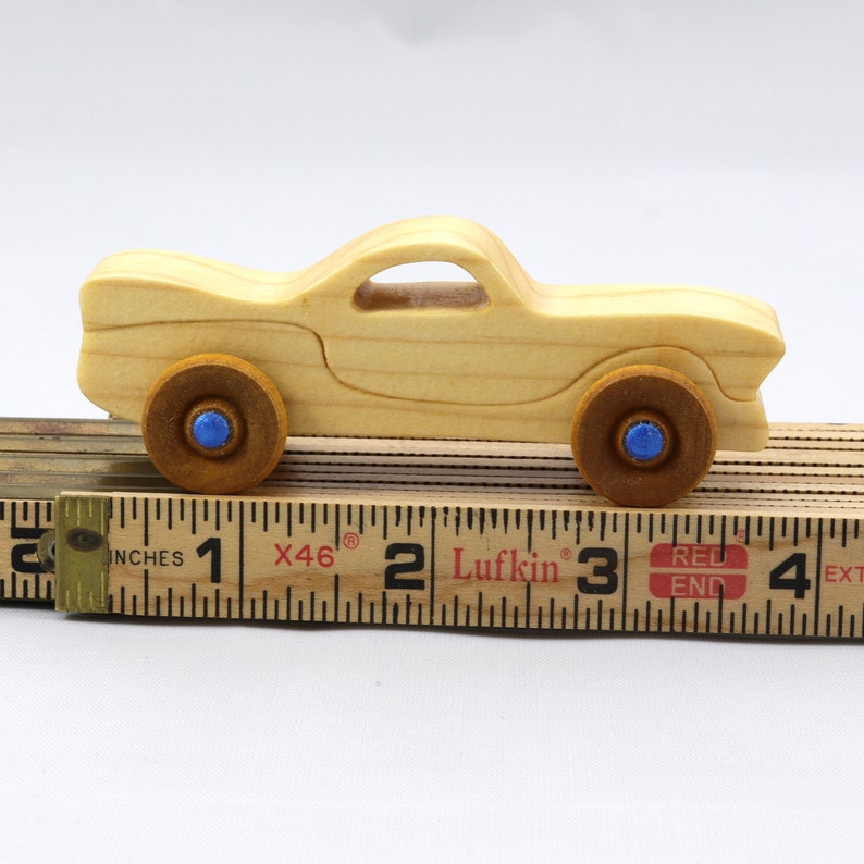 Handmade Wood Toy Car Miniature Pocket Size Itty Bitty Caddy Finished with Mineral Oil, Beeswax, and Metallic Sapphire Blue Acrylic Paint