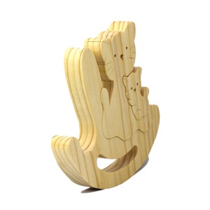 Handmade Wood Puzzle featuring Moma Cat and Baby Kitten in a Rocker, a simple three-part design crafted with traditional woodworking tools. Smoothly sanded and finished with a blend of mineral oil and beeswax for a lustrous touch.