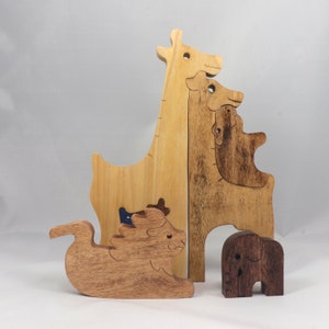 Safari Animal Puzzle, Handmade From Premium Hardwood Wood and Hand Finished, Free Standing, Standalone, and Stackable