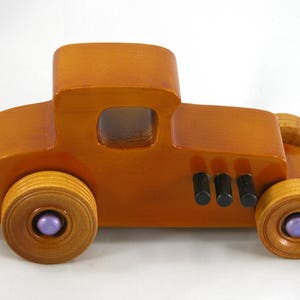 Wood Toy Car, Hot Rod '27 Ford T-Coupe, Handmade and Finished with Amber Shellac, Metallic Purple, and Black Acrylic Paint