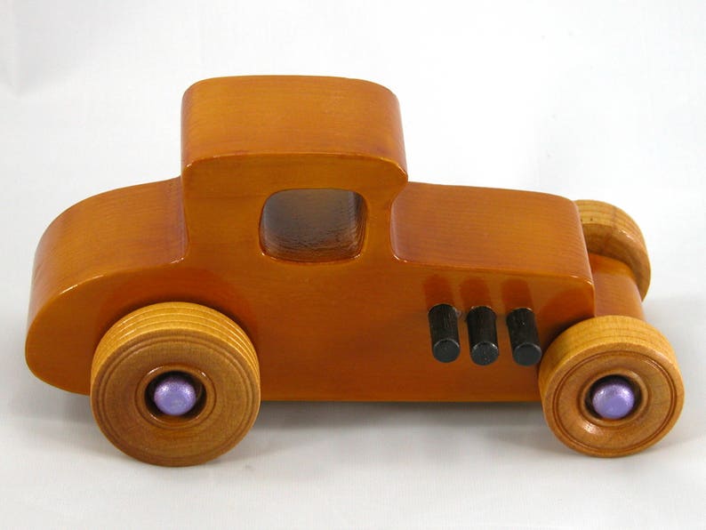 Wood Toy Car, Hot Rod '27 Ford T-Coupe, Handmade and Finished with Amber Shellac, Metallic Purple, and Black Acrylic Paint