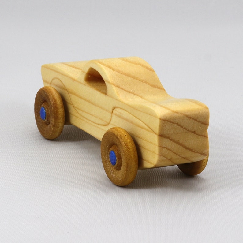 Handmade Wood Toy Car Miniature Pocket Size Itty Bitty Caddy Finished with Mineral Oil, Beeswax, and Metallic Sapphire Blue Acrylic Paint