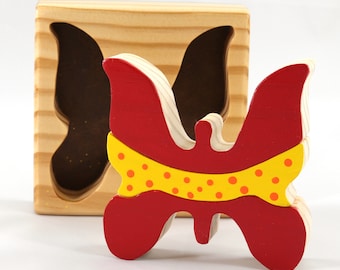 Wooden Butterfly Puzzle Handmade And Painted Bright Red and Yellow With Orange Spots One of Four Puzzles In My Puzzle Pals Collection