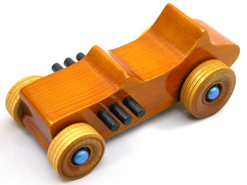 Handmade Wood Toy Car Hot Rod 1927 T-Bucket Amber Shellac Finish With Metallic Sapphire Blue and Black Trim