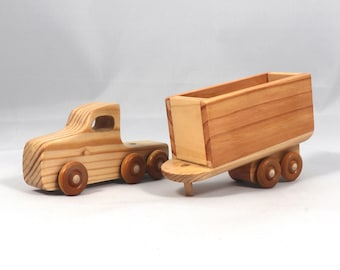 Handmade Wooden Toy Tractor Trailer Semi Truck: Finished with Clear Shellac