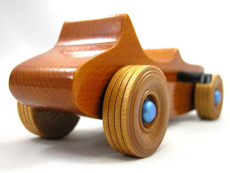 Handmade Wood Toy Car Hot Rod 1927 T-Bucket Amber Shellac Finish With Metallic Sapphire Blue and Black Trim